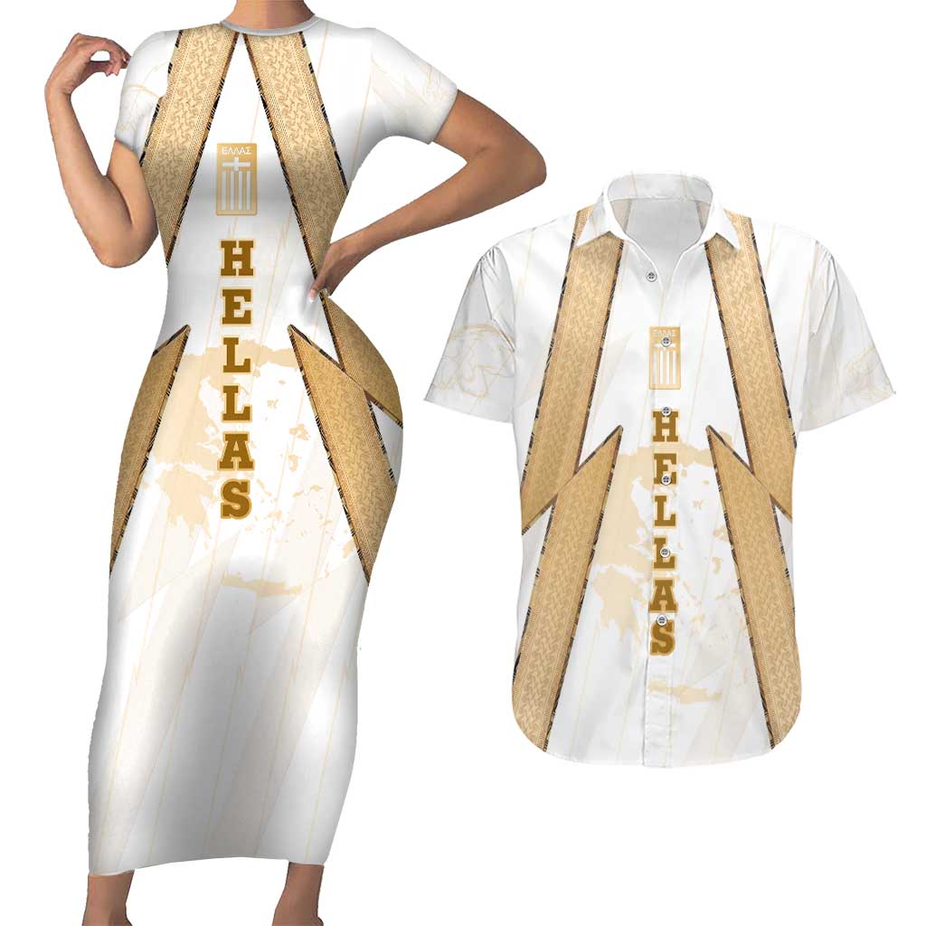 Hellas Athletic Couples Matching Short Sleeve Bodycon Dress and Hawaiian Shirt with Ancient Greek Shield Graphic and Numbered Back