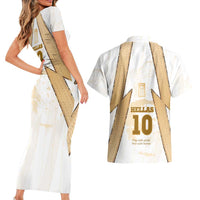 Hellas Athletic Couples Matching Short Sleeve Bodycon Dress and Hawaiian Shirt with Ancient Greek Shield Graphic and Numbered Back