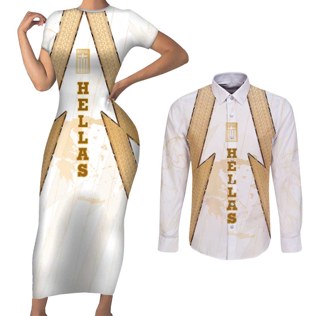Hellas Athletic Couples Matching Short Sleeve Bodycon Dress and Long Sleeve Button Shirt with Ancient Greek Shield Graphic and Numbered Back