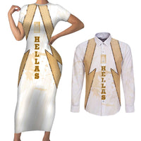 Hellas Athletic Couples Matching Short Sleeve Bodycon Dress and Long Sleeve Button Shirt with Ancient Greek Shield Graphic and Numbered Back