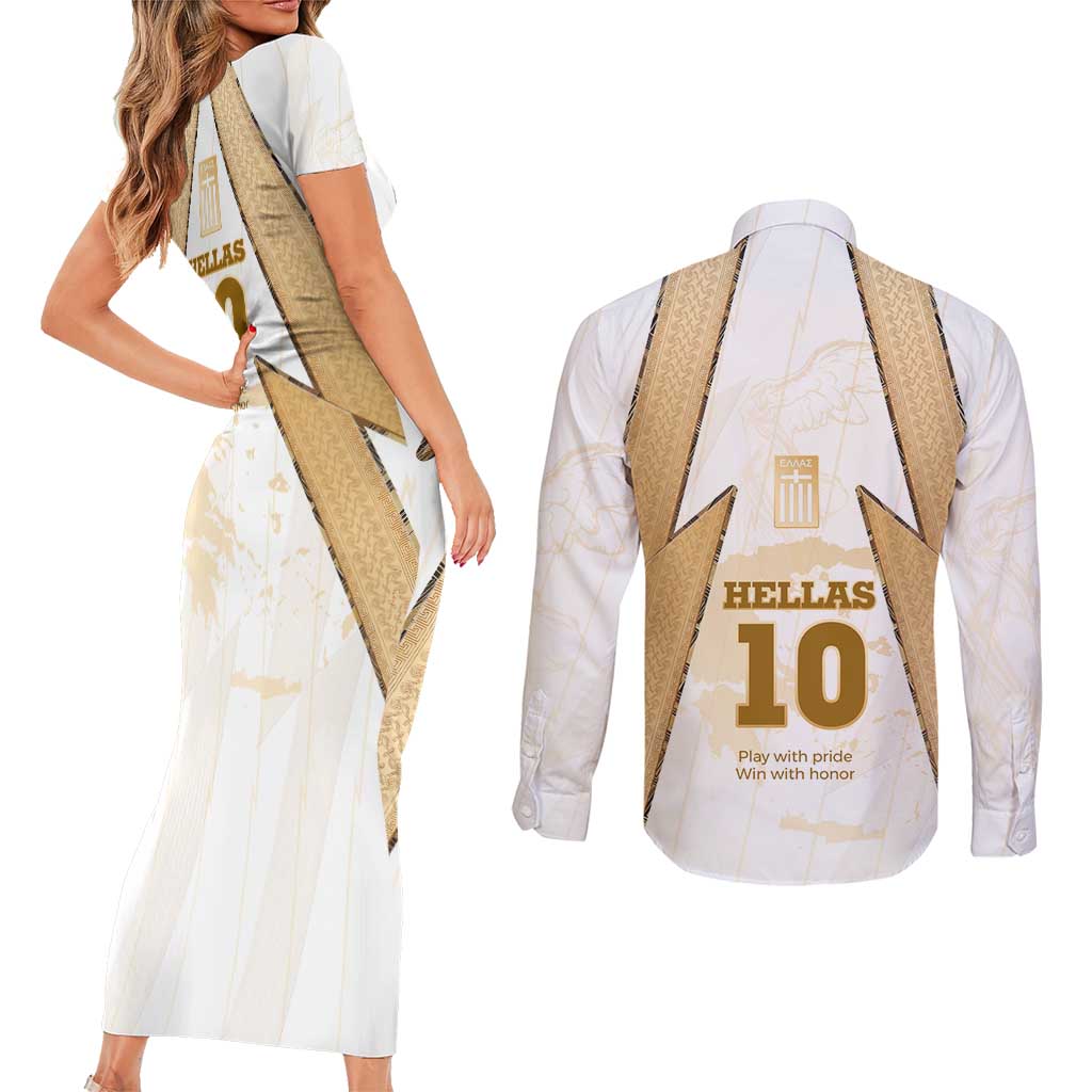 Hellas Athletic Couples Matching Short Sleeve Bodycon Dress and Long Sleeve Button Shirt with Ancient Greek Shield Graphic and Numbered Back