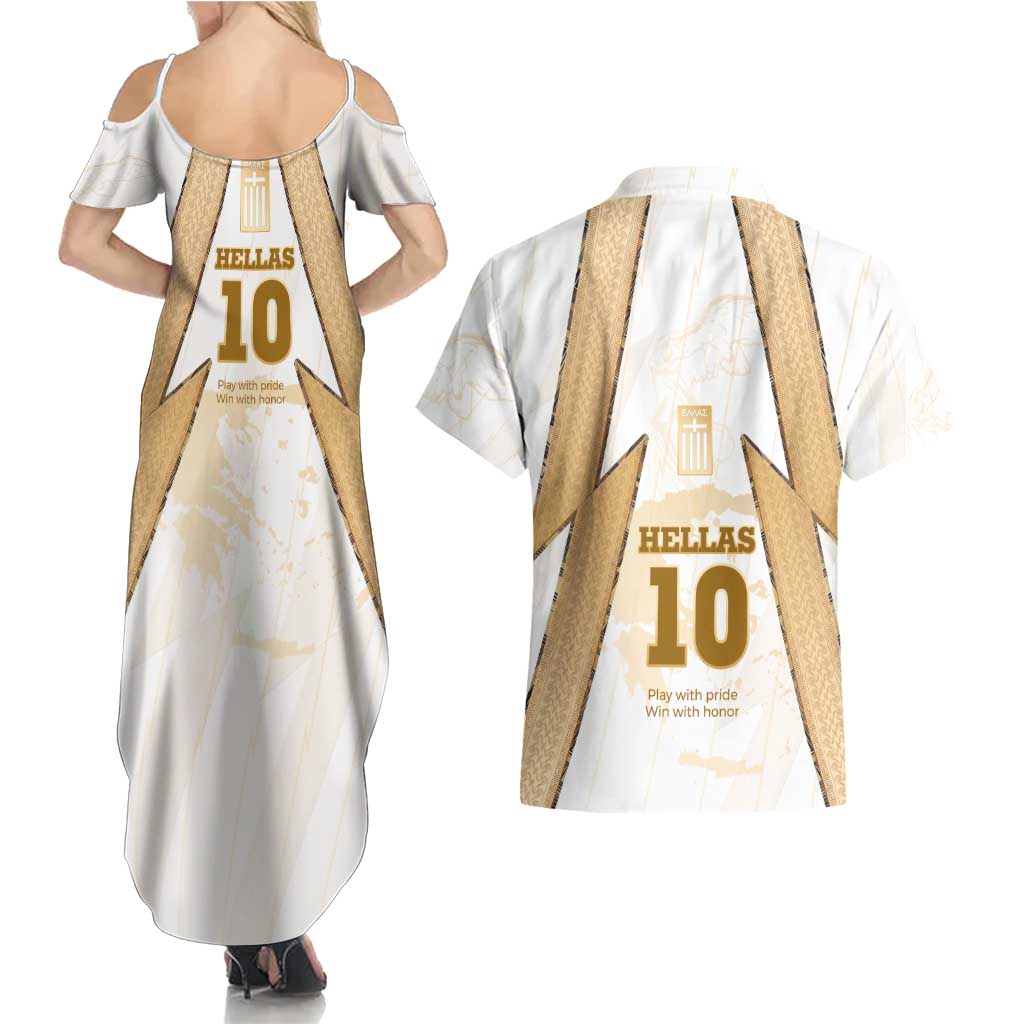 Hellas Athletic Couples Matching Summer Maxi Dress and Hawaiian Shirt with Ancient Greek Shield Graphic and Numbered Back