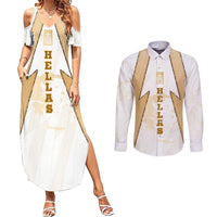 Hellas Athletic Couples Matching Summer Maxi Dress and Long Sleeve Button Shirt with Ancient Greek Shield Graphic and Numbered Back