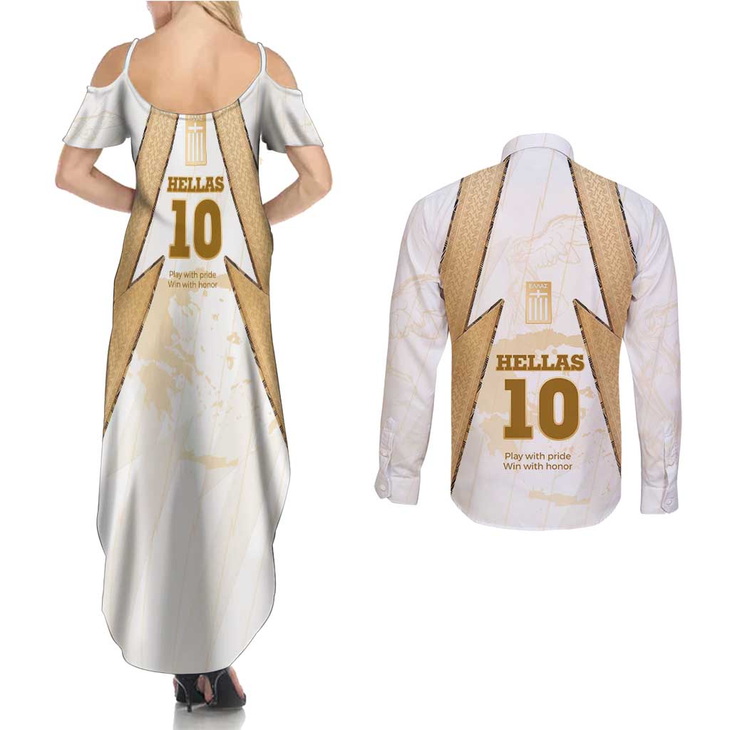 Hellas Athletic Couples Matching Summer Maxi Dress and Long Sleeve Button Shirt with Ancient Greek Shield Graphic and Numbered Back