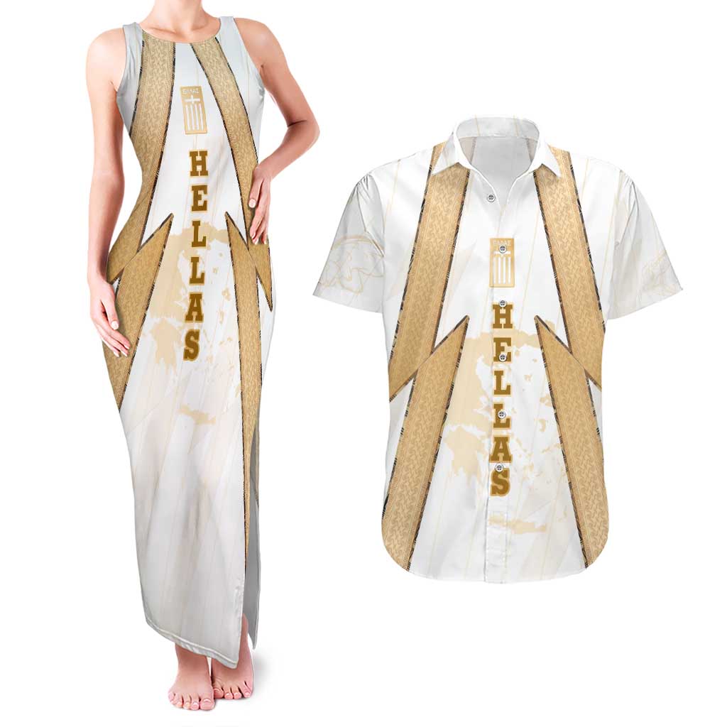 Hellas Athletic Couples Matching Tank Maxi Dress and Hawaiian Shirt with Ancient Greek Shield Graphic and Numbered Back