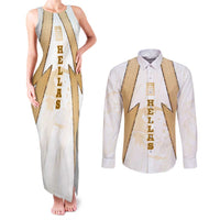 Hellas Athletic Couples Matching Tank Maxi Dress and Long Sleeve Button Shirt with Ancient Greek Shield Graphic and Numbered Back