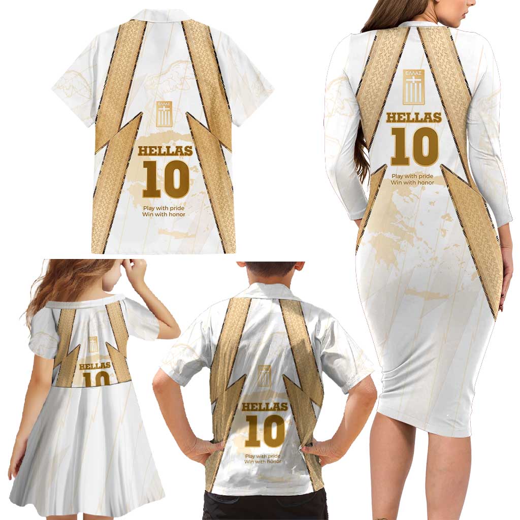 Hellas Athletic Family Matching Long Sleeve Bodycon Dress and Hawaiian Shirt with Ancient Greek Shield Graphic and Numbered Back