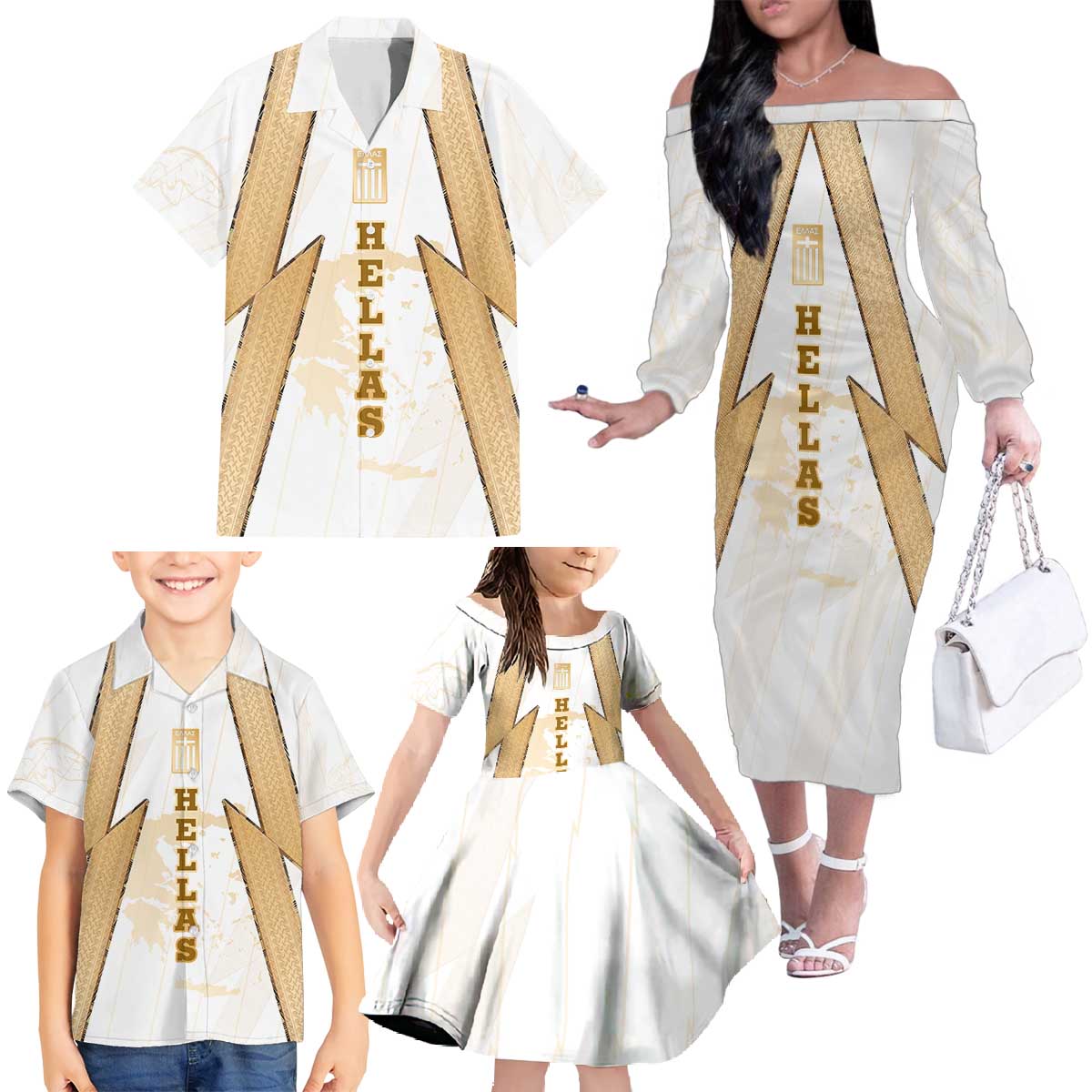 Hellas Athletic Family Matching Off The Shoulder Long Sleeve Dress and Hawaiian Shirt with Ancient Greek Shield Graphic and Numbered Back