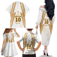 Hellas Athletic Family Matching Off The Shoulder Long Sleeve Dress and Hawaiian Shirt with Ancient Greek Shield Graphic and Numbered Back