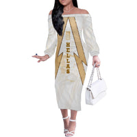 Hellas Athletic Family Matching Off The Shoulder Long Sleeve Dress and Hawaiian Shirt with Ancient Greek Shield Graphic and Numbered Back