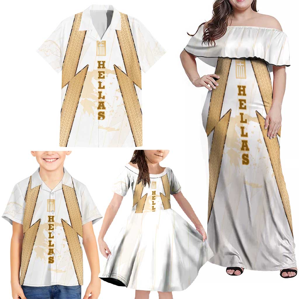 Hellas Athletic Family Matching Off Shoulder Maxi Dress and Hawaiian Shirt with Ancient Greek Shield Graphic and Numbered Back