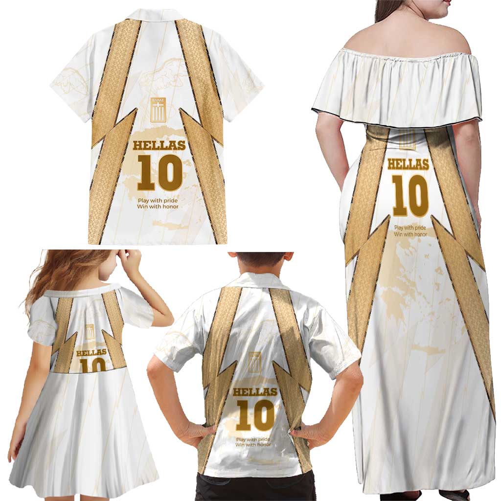 Hellas Athletic Family Matching Off Shoulder Maxi Dress and Hawaiian Shirt with Ancient Greek Shield Graphic and Numbered Back