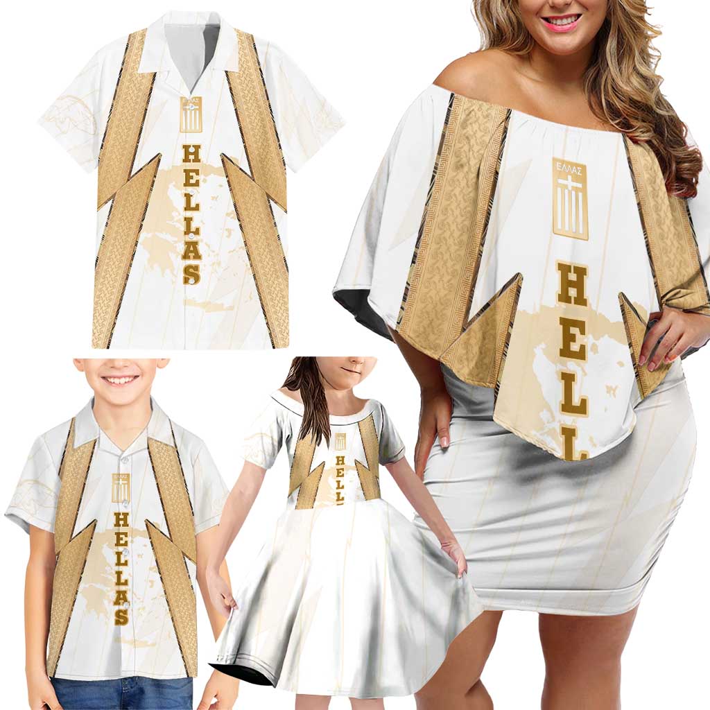 Hellas Athletic Family Matching Off Shoulder Short Dress and Hawaiian Shirt with Ancient Greek Shield Graphic and Numbered Back