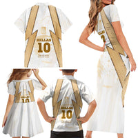 Hellas Athletic Family Matching Short Sleeve Bodycon Dress and Hawaiian Shirt with Ancient Greek Shield Graphic and Numbered Back
