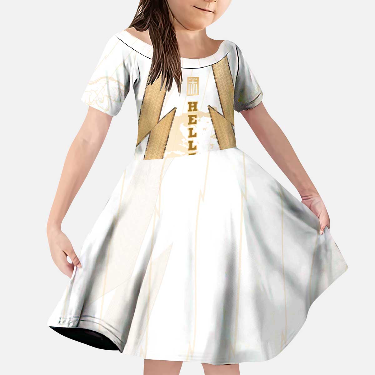 Hellas Athletic Kid Short Sleeve Dress with Ancient Greek Shield Graphic and Numbered Back