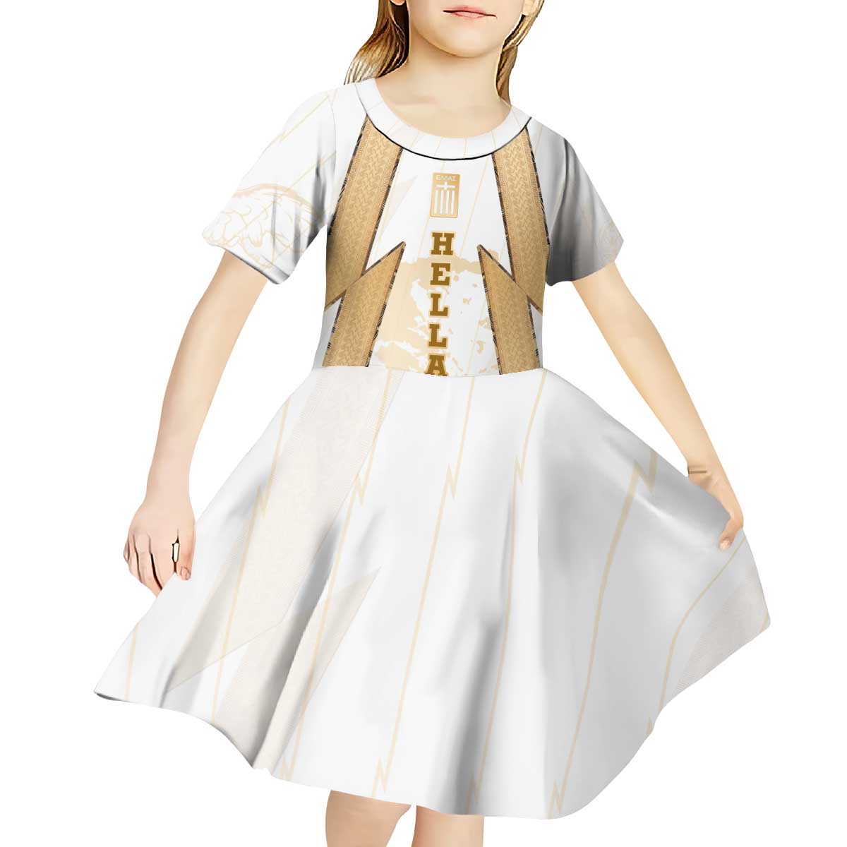 Hellas Athletic Kid Short Sleeve Dress with Ancient Greek Shield Graphic and Numbered Back