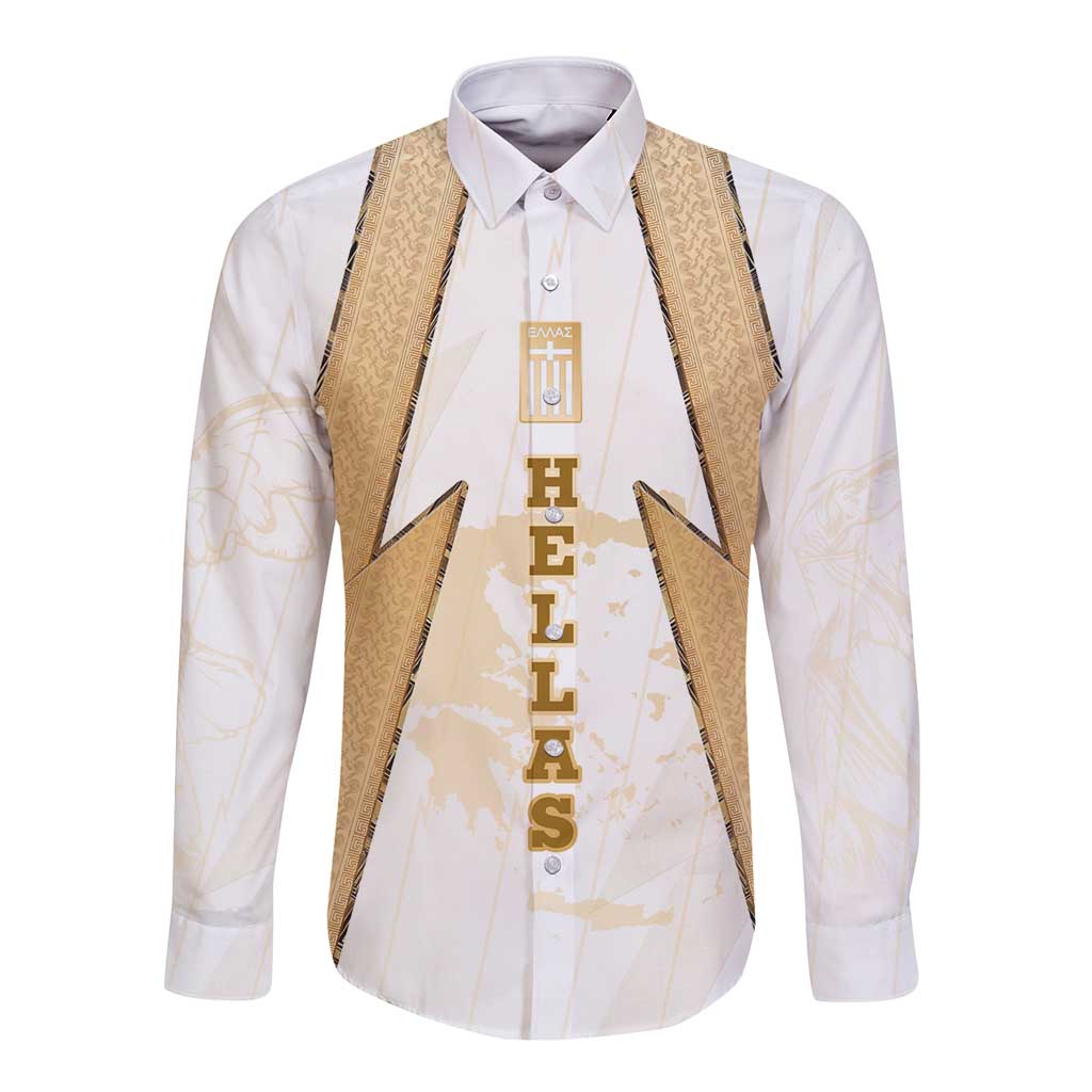 Hellas Athletic Long Sleeve Button Shirt with Ancient Greek Shield Graphic and Numbered Back