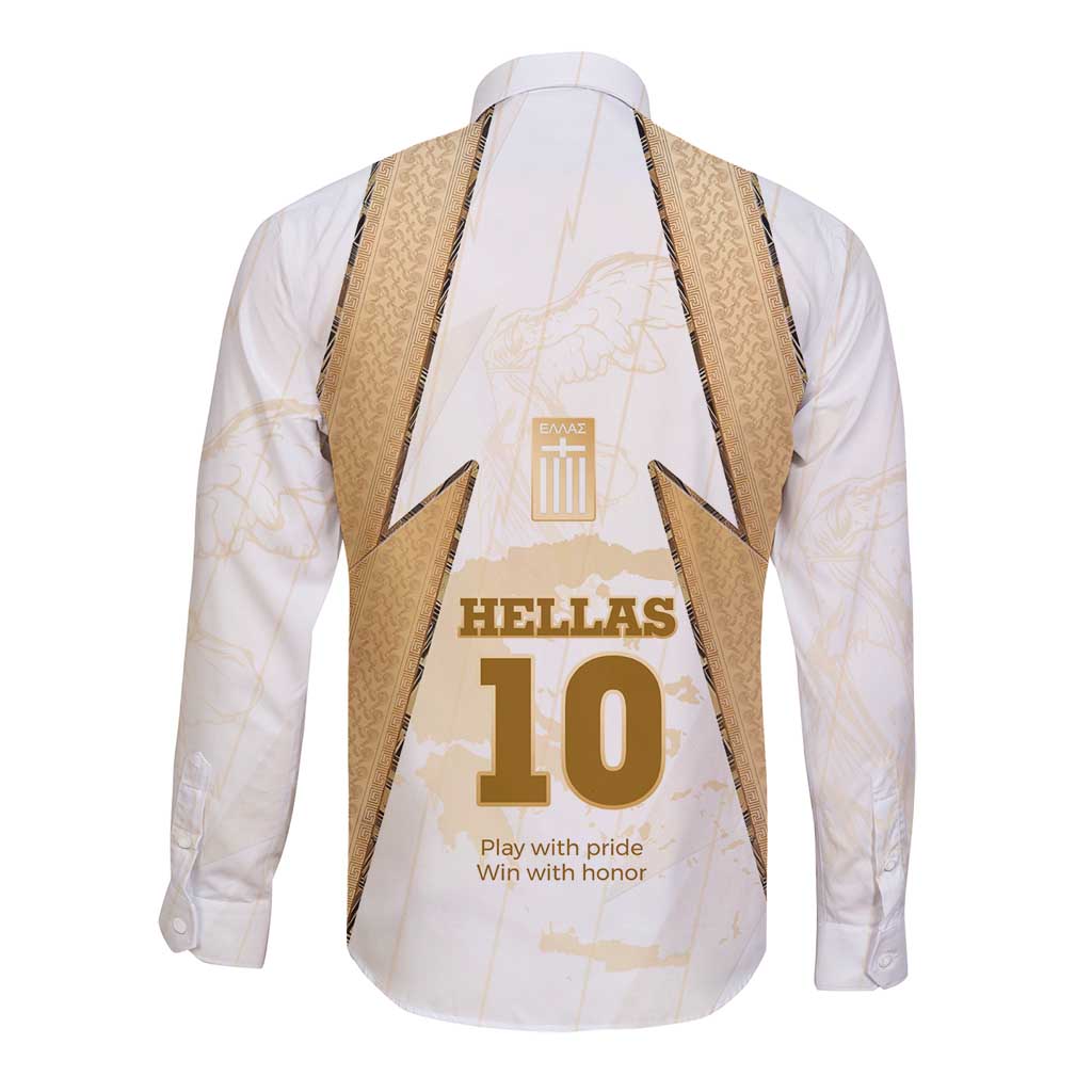 Hellas Athletic Long Sleeve Button Shirt with Ancient Greek Shield Graphic and Numbered Back