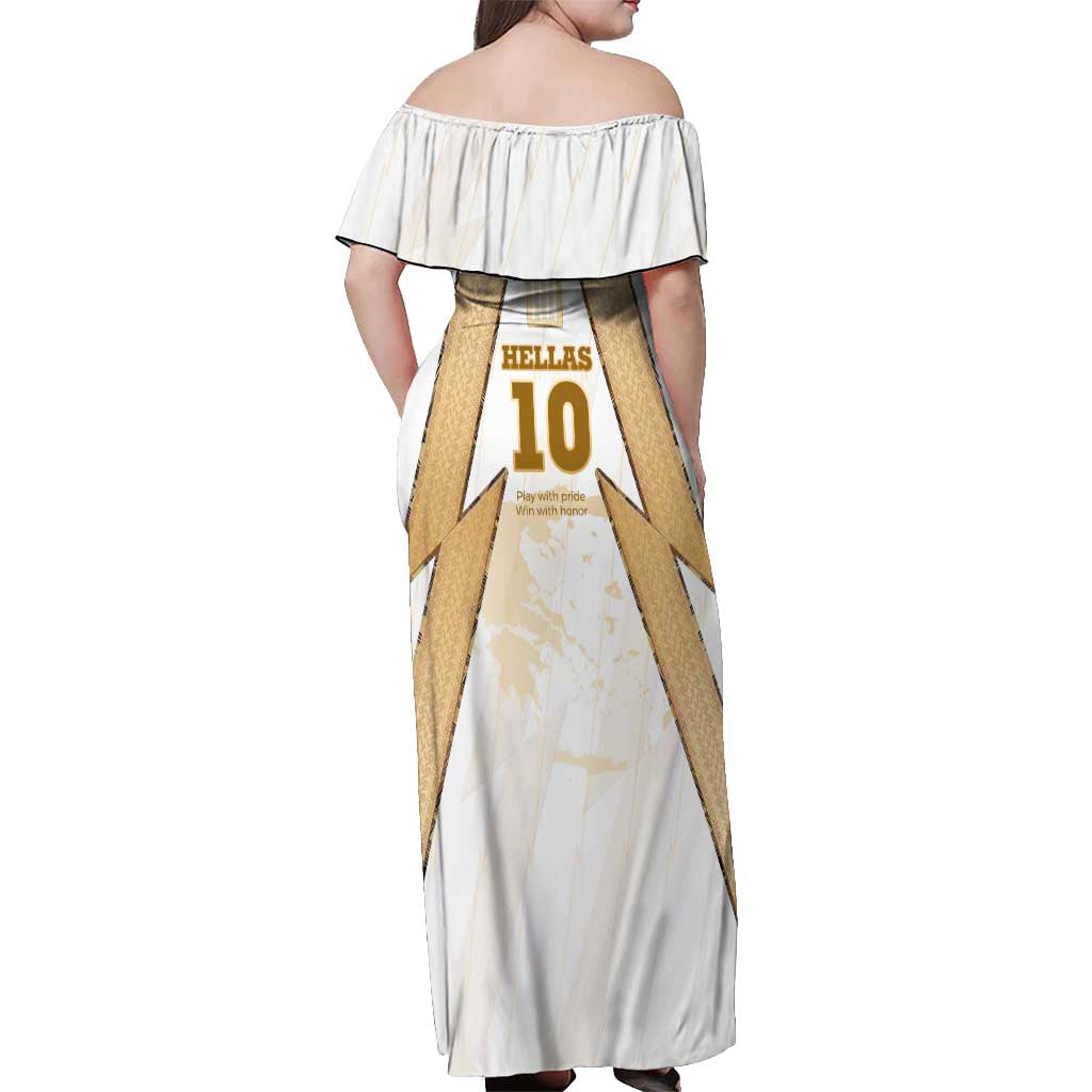 Hellas Athletic Off Shoulder Maxi Dress with Ancient Greek Shield Graphic and Numbered Back