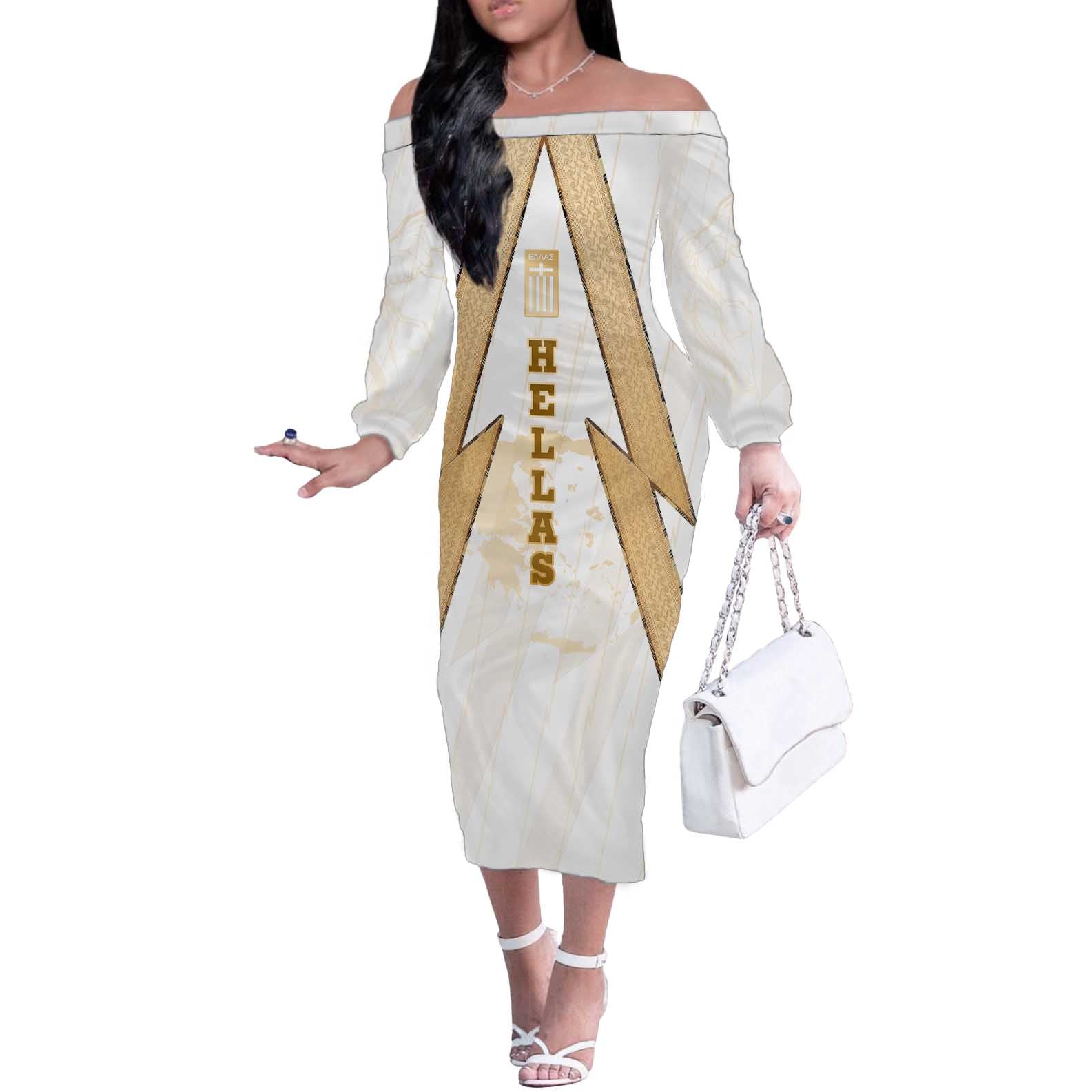 Hellas Athletic Off The Shoulder Long Sleeve Dress with Ancient Greek Shield Graphic and Numbered Back
