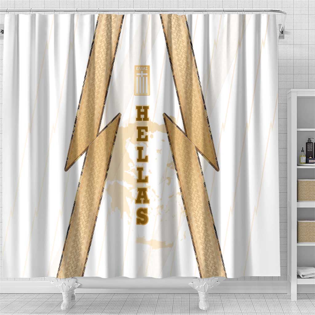 Hellas Athletic Shower Curtain with Ancient Greek Shield Graphic and Numbered Back