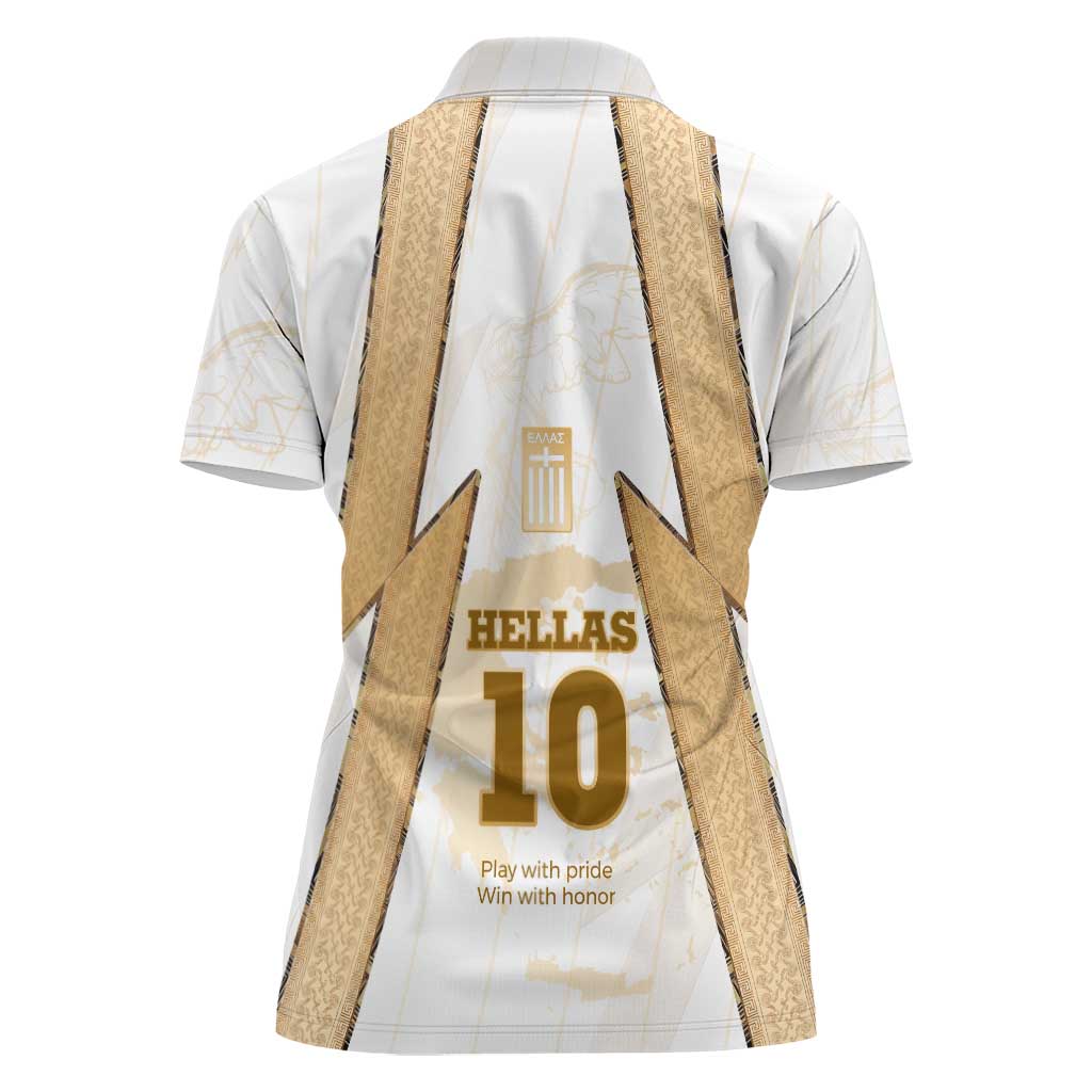 Hellas Athletic Women Polo Shirt with Ancient Greek Shield Graphic and Numbered Back