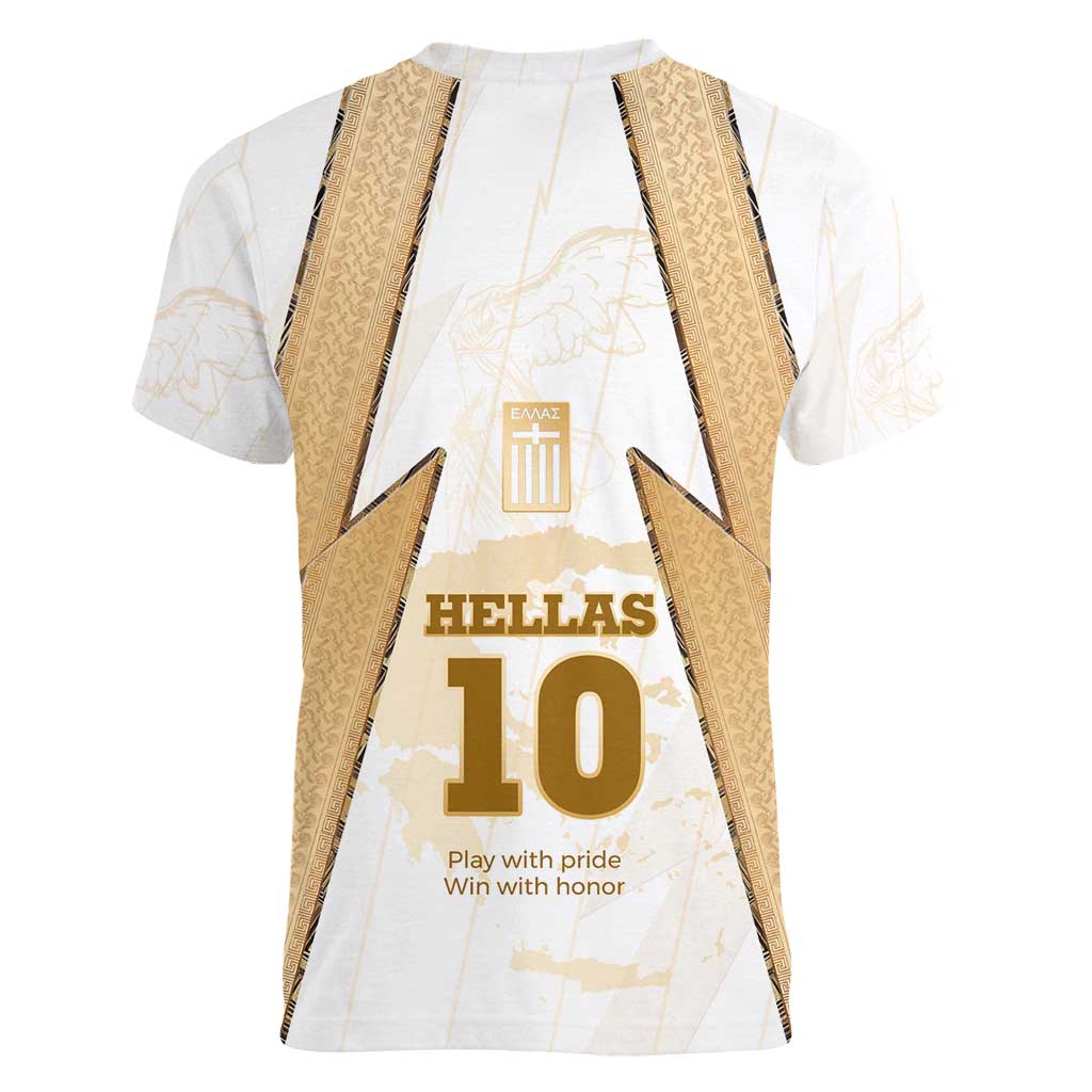 Hellas Athletic Women V-Neck T-Shirt with Ancient Greek Shield Graphic and Numbered Back