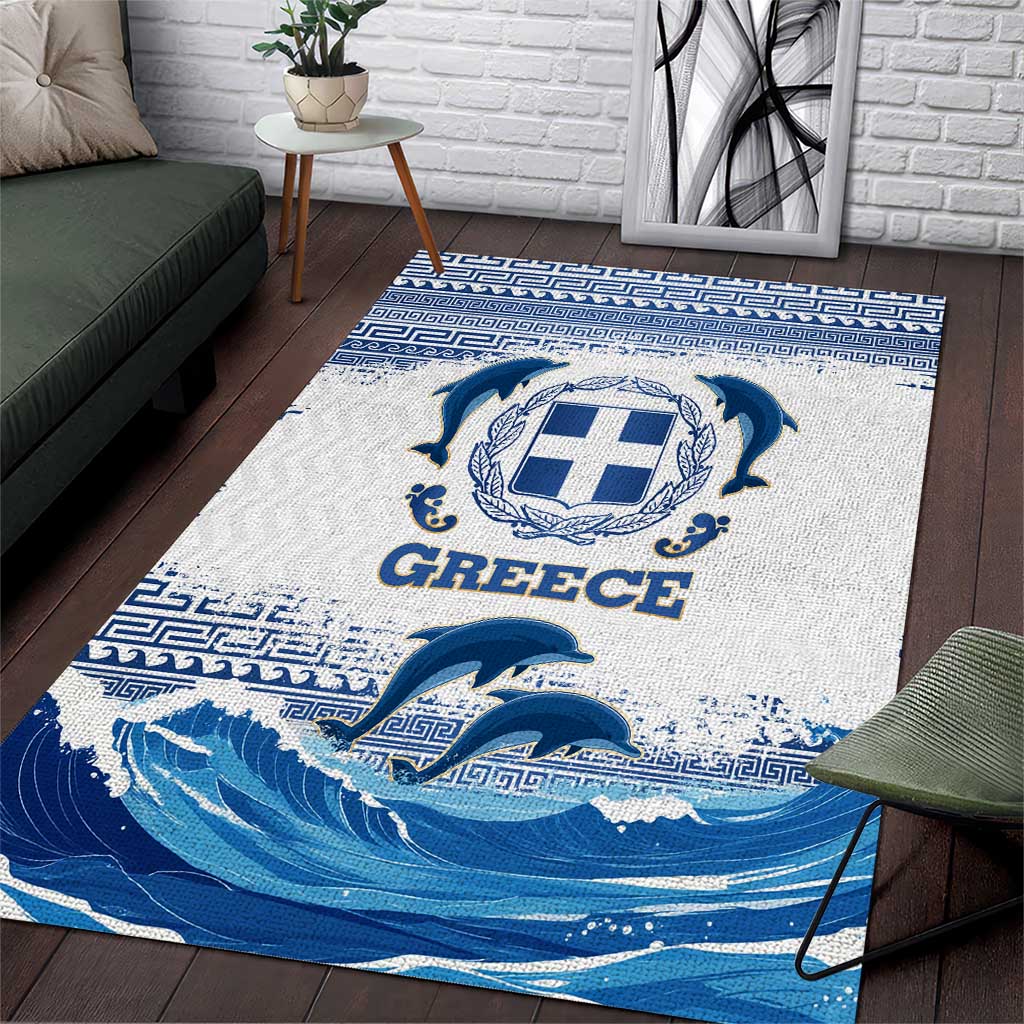 Greece Dolphin Area Rug with Greek Key Pattern and Ocean Wave Design