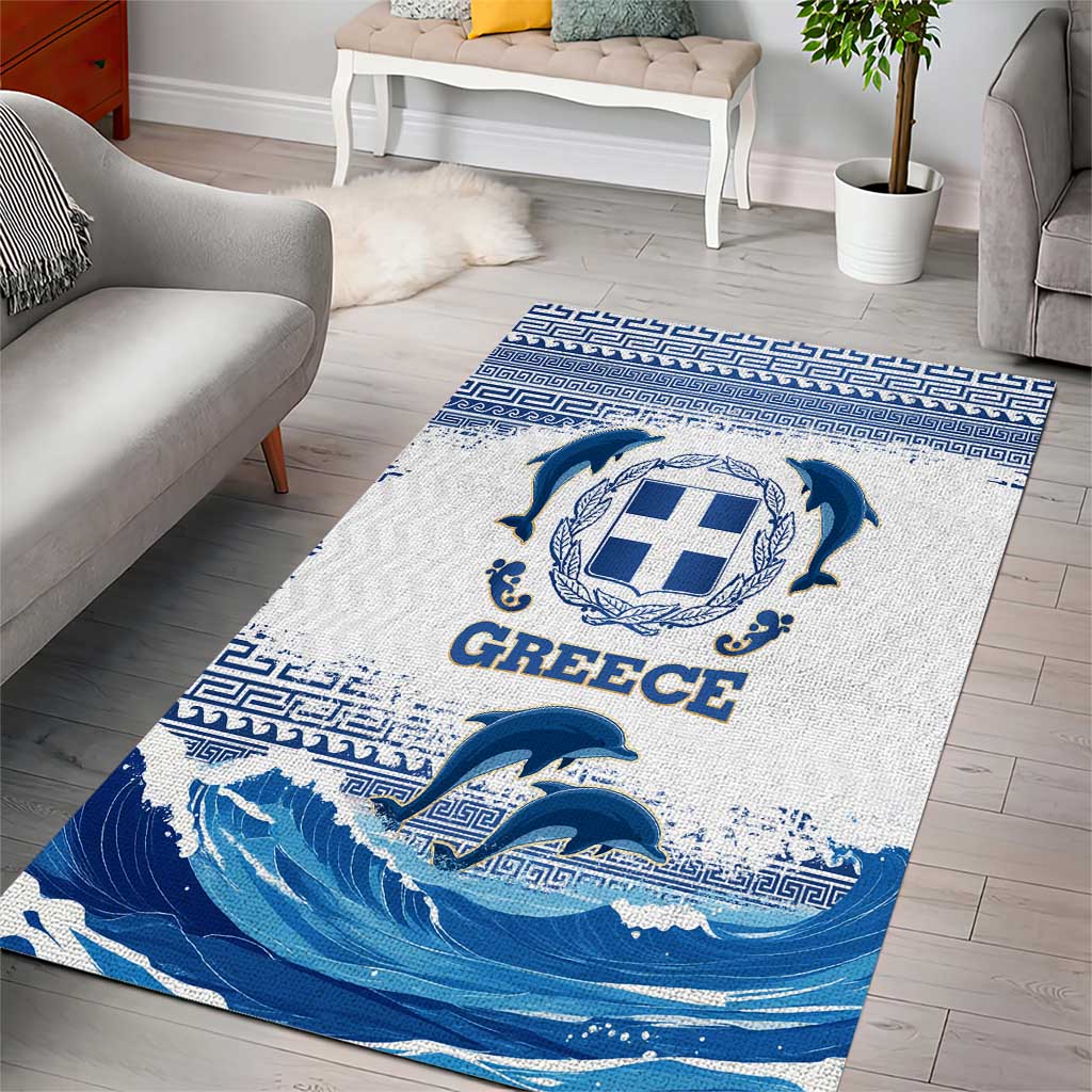 Greece Dolphin Area Rug with Greek Key Pattern and Ocean Wave Design