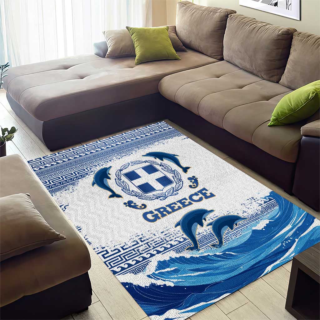 Greece Dolphin Area Rug with Greek Key Pattern and Ocean Wave Design