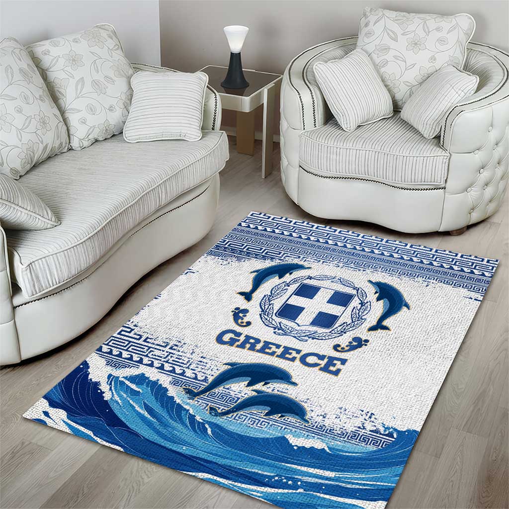 Greece Dolphin Area Rug with Greek Key Pattern and Ocean Wave Design
