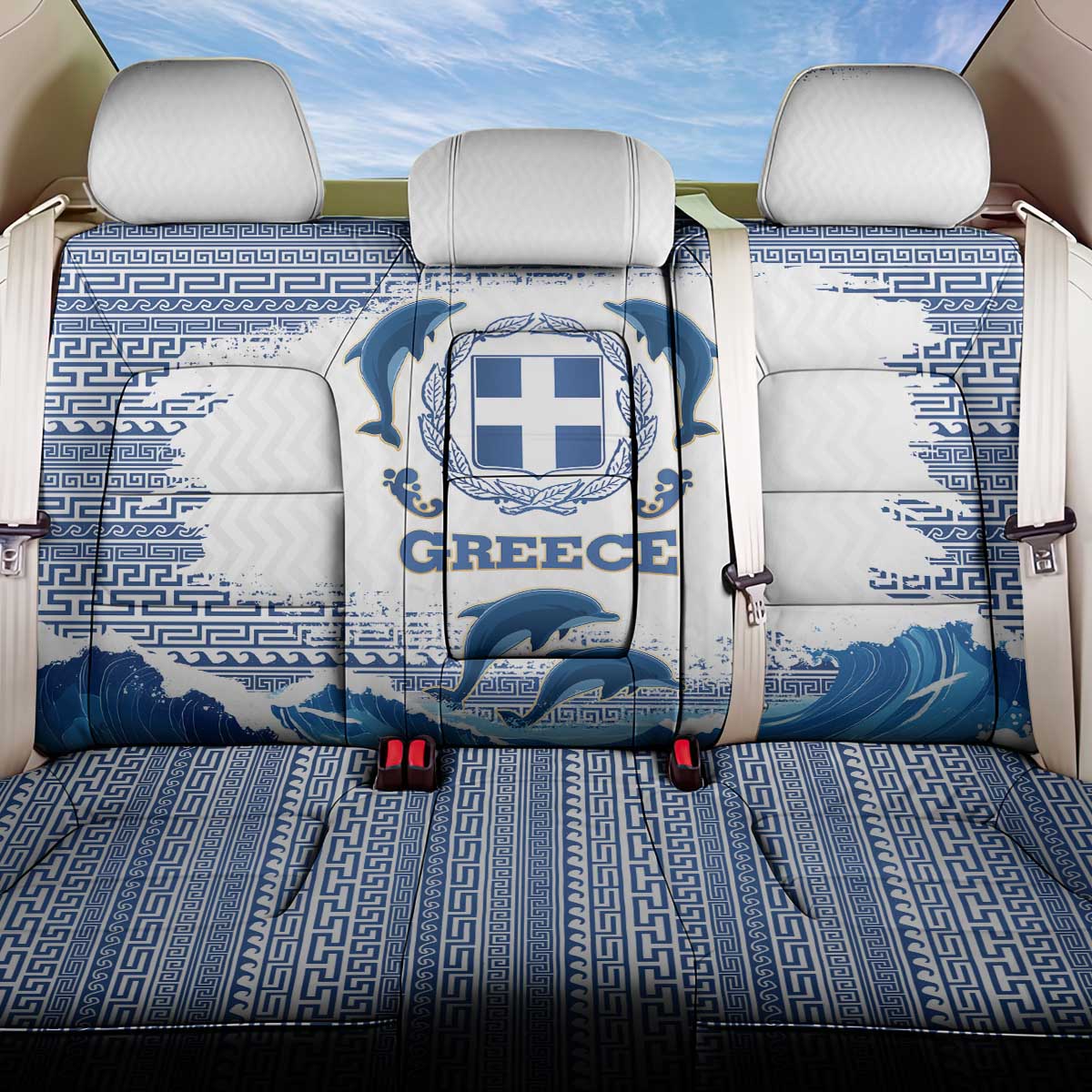 Greece Dolphin Back Car Seat Cover with Greek Key Pattern and Ocean Wave Design