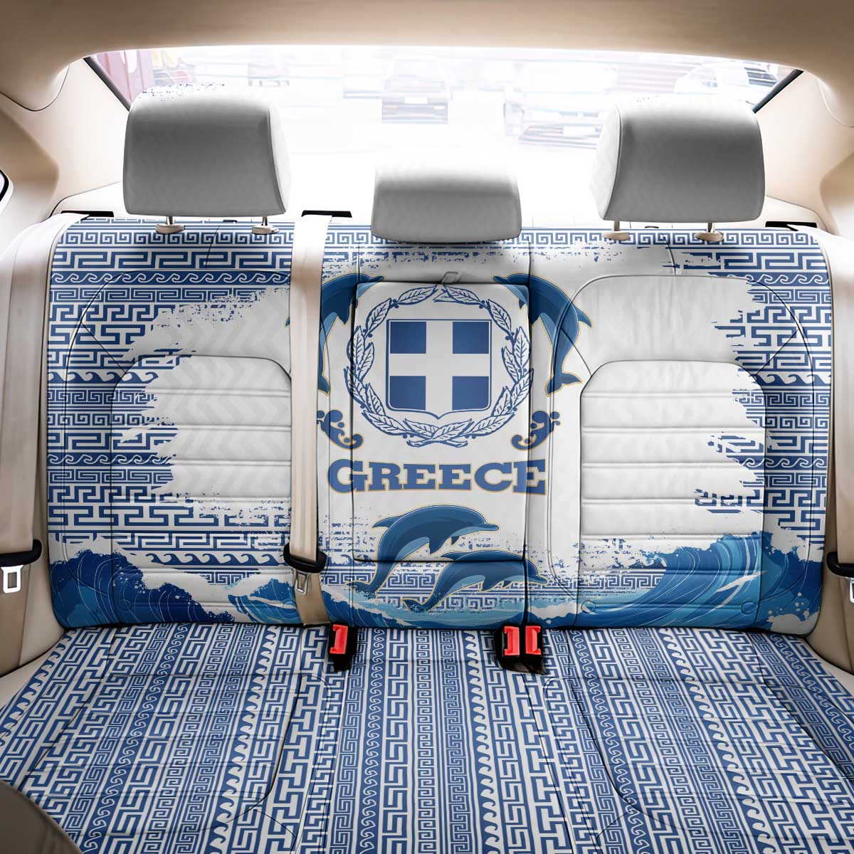Greece Dolphin Back Car Seat Cover with Greek Key Pattern and Ocean Wave Design