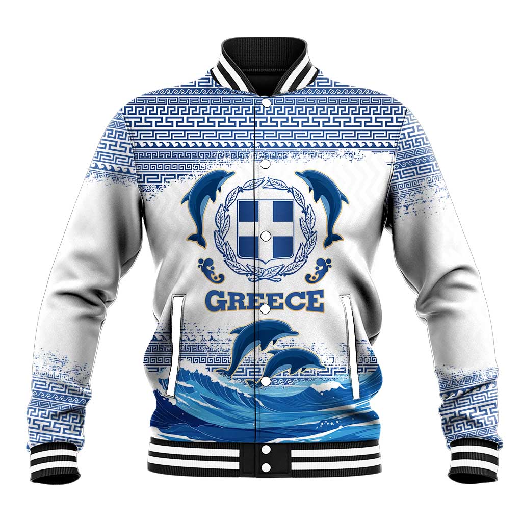 Greece Dolphin Baseball Jacket with Greek Key Pattern and Ocean Wave Design
