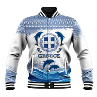 Greece Dolphin Baseball Jacket with Greek Key Pattern and Ocean Wave Design