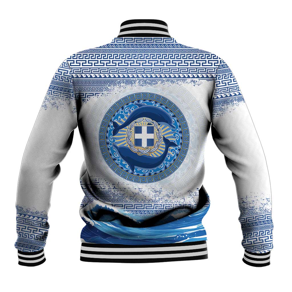 Greece Dolphin Baseball Jacket with Greek Key Pattern and Ocean Wave Design