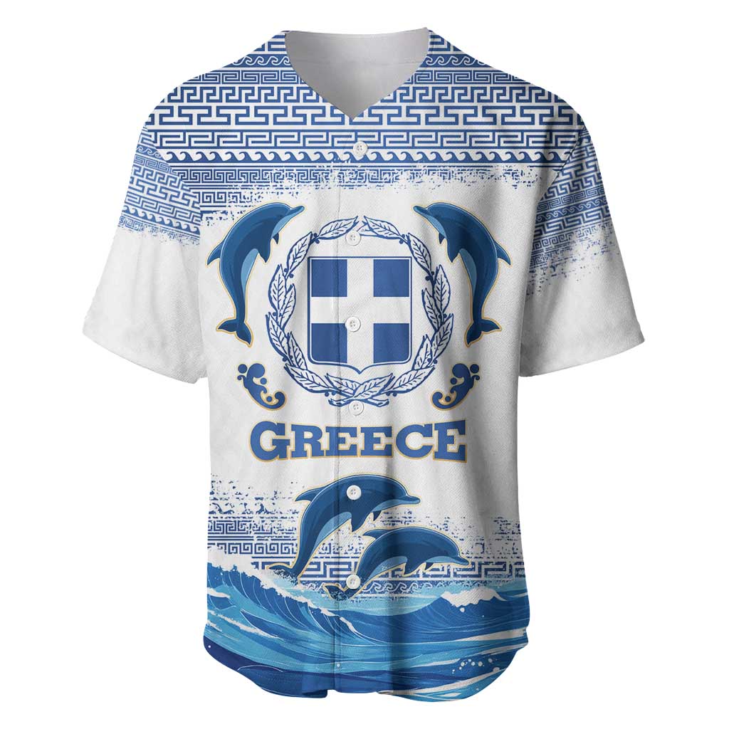 Greece Dolphin Baseball Jersey with Greek Key Pattern and Ocean Wave Design