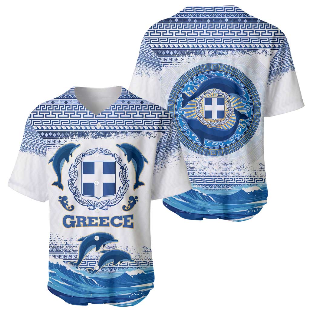 Greece Dolphin Baseball Jersey with Greek Key Pattern and Ocean Wave Design