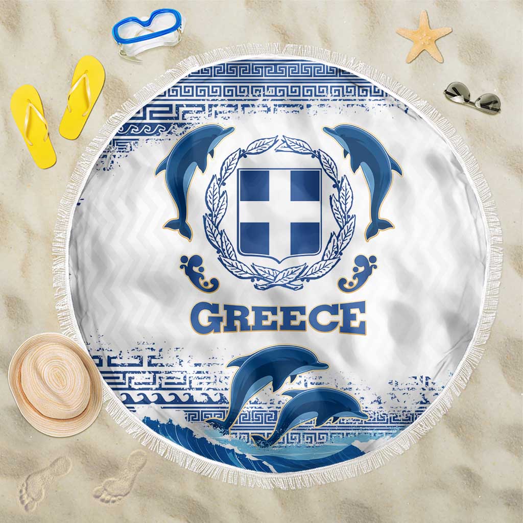 Greece Dolphin Beach Blanket with Greek Key Pattern and Ocean Wave Design
