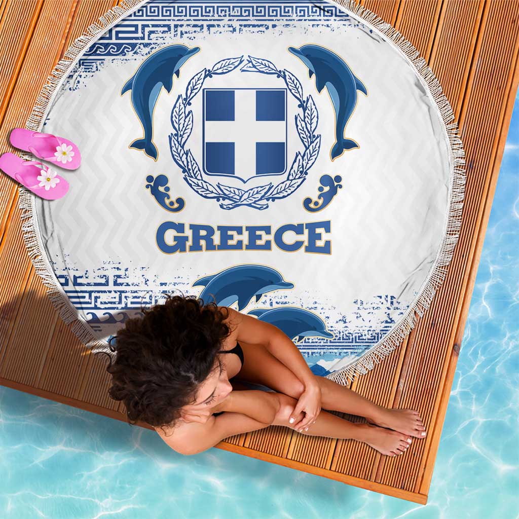 Greece Dolphin Beach Blanket with Greek Key Pattern and Ocean Wave Design