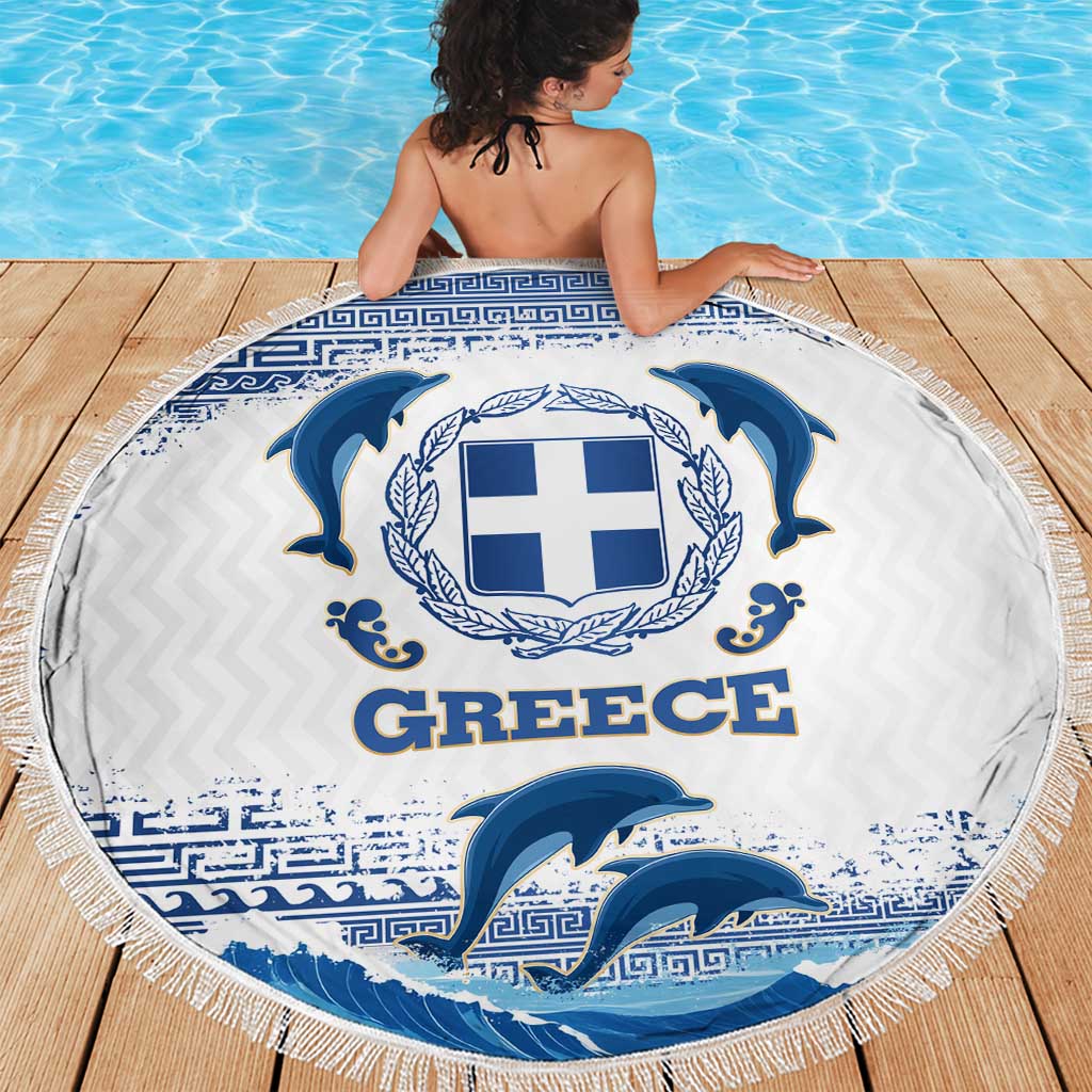 Greece Dolphin Beach Blanket with Greek Key Pattern and Ocean Wave Design
