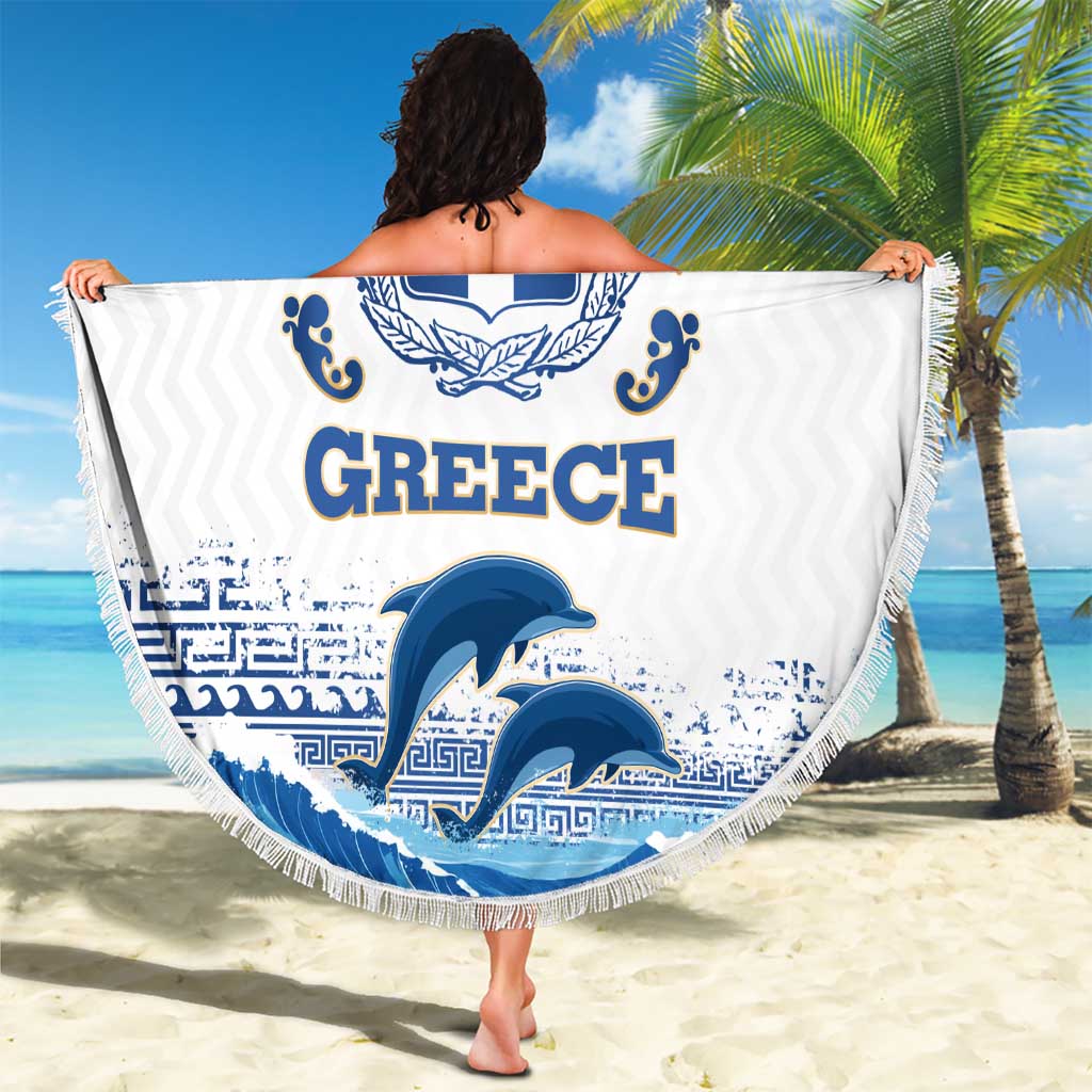 Greece Dolphin Beach Blanket with Greek Key Pattern and Ocean Wave Design