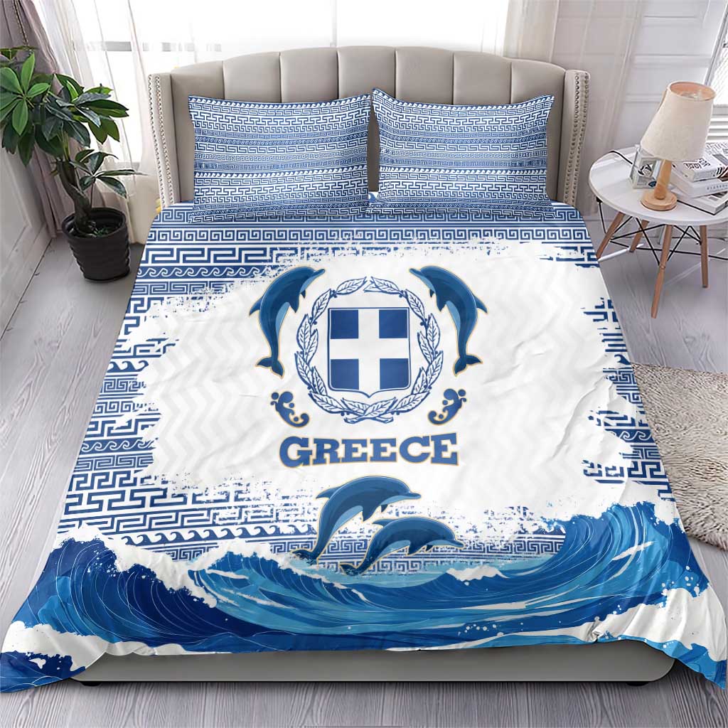 Greece Dolphin Bedding Set with Greek Key Pattern and Ocean Wave Design
