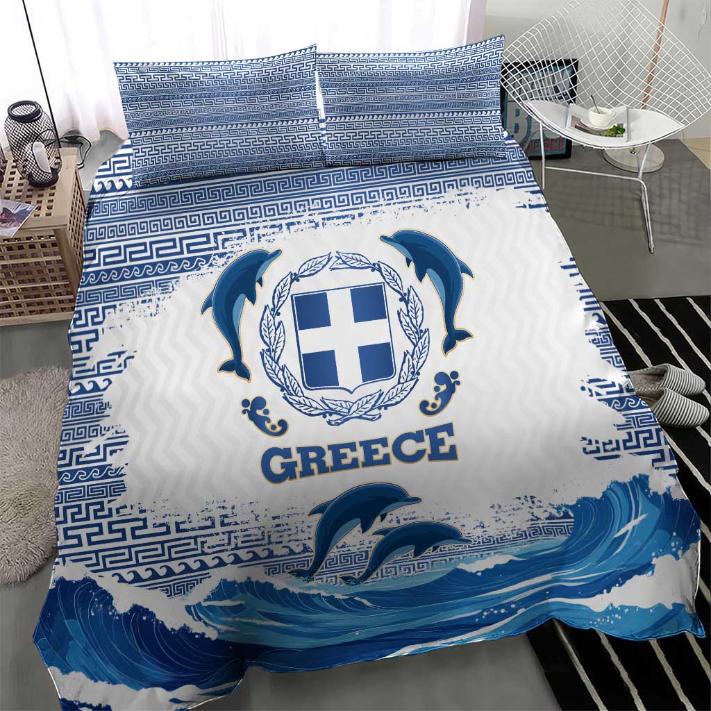 Greece Dolphin Bedding Set with Greek Key Pattern and Ocean Wave Design