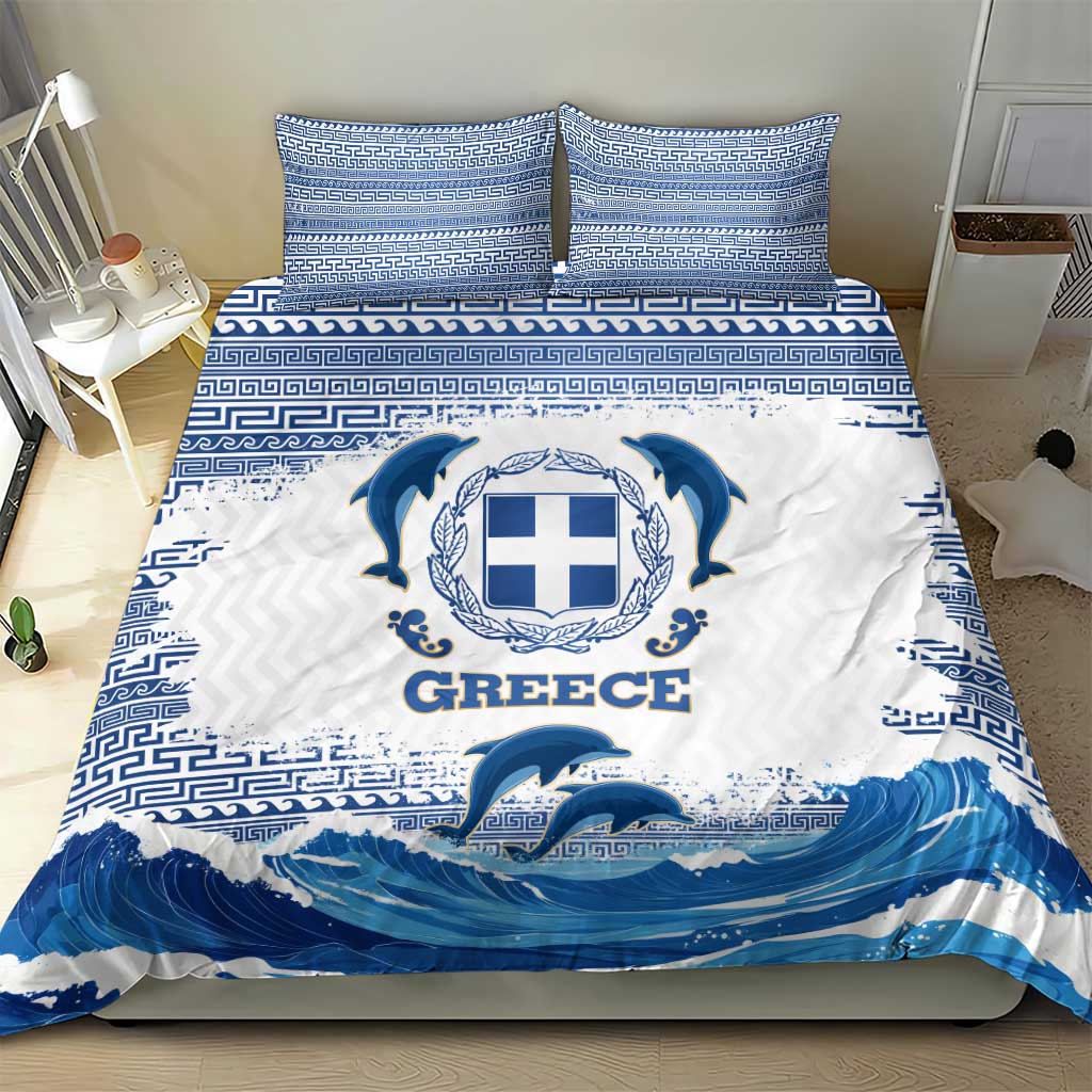 Greece Dolphin Bedding Set with Greek Key Pattern and Ocean Wave Design