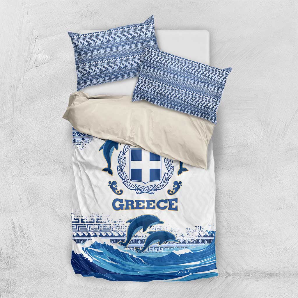 Greece Dolphin Bedding Set with Greek Key Pattern and Ocean Wave Design