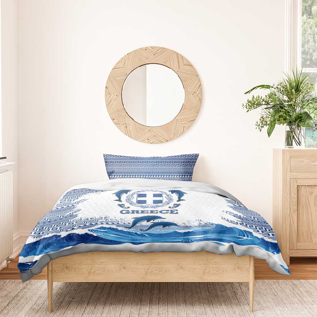Greece Dolphin Bedding Set with Greek Key Pattern and Ocean Wave Design