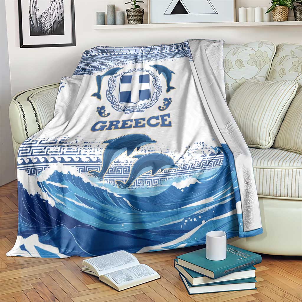 Greece Dolphin Blanket with Greek Key Pattern and Ocean Wave Design