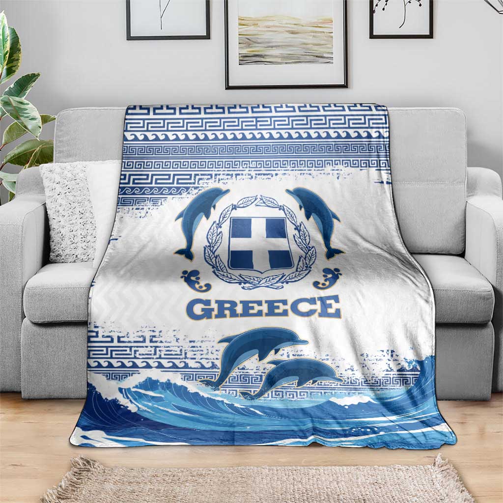 Greece Dolphin Blanket with Greek Key Pattern and Ocean Wave Design
