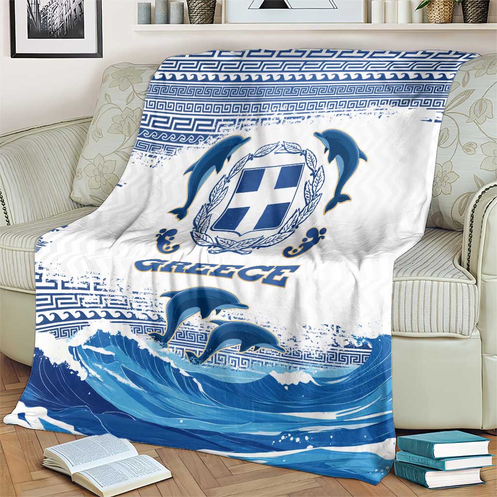 Greece Dolphin Blanket with Greek Key Pattern and Ocean Wave Design